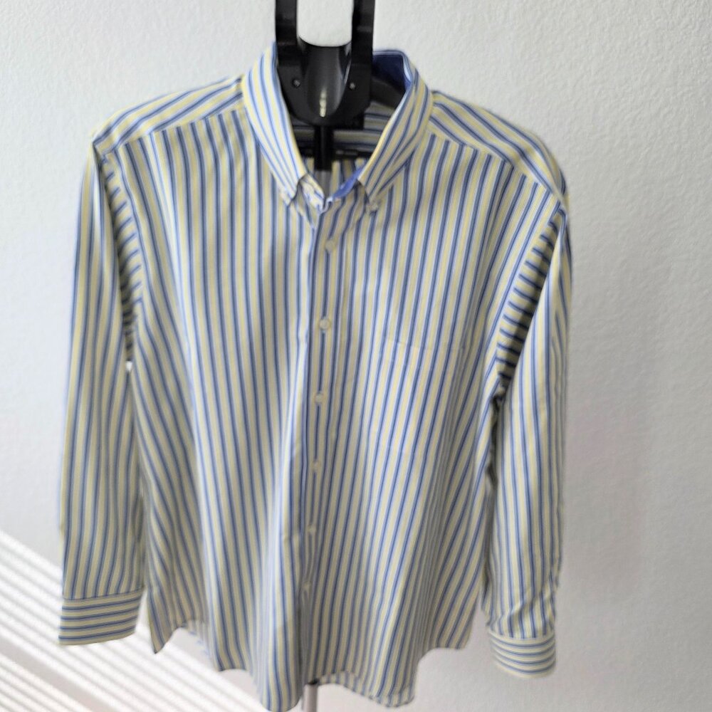 CHAPS CLASSIC FIT TWILL MEN 17 - 17 1/2 BLUE, YELLOW AND WHITE LONG SLEEVE SHIRT